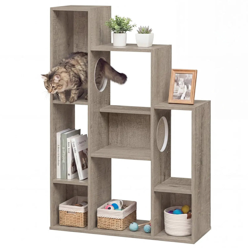 Modern Cat Bookshelf Cat Tree 8-Section Storage Cabinet with 2 Round Holes by DirectDeals