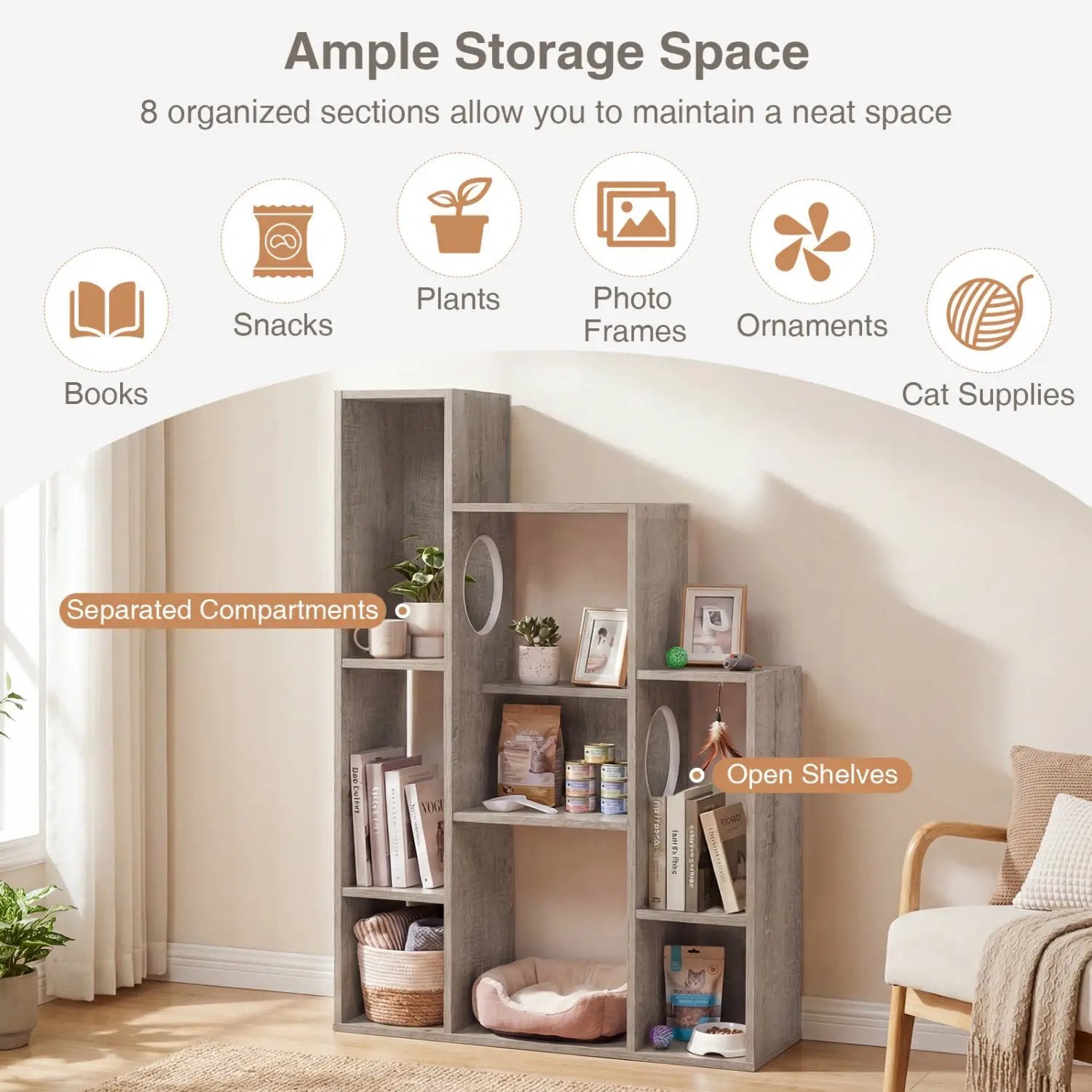 Modern Cat Bookshelf Cat Tree 8-Section Storage Cabinet with 2 Round Holes by DirectDeals