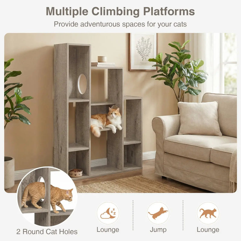 Modern Cat Bookshelf Cat Tree 8-Section Storage Cabinet with 2 Round Holes by DirectDeals