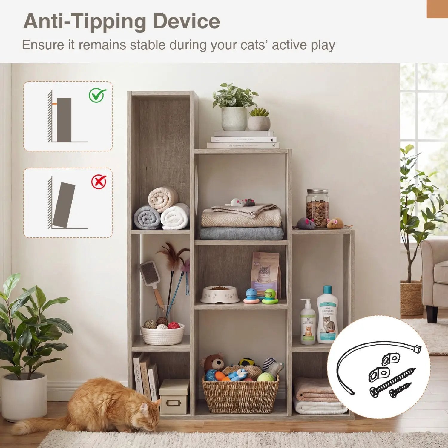 Modern Cat Bookshelf Cat Tree 8-Section Storage Cabinet with 2 Round Holes by DirectDeals