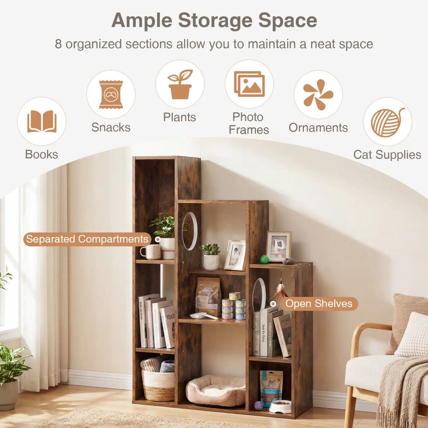 Modern Cat Bookshelf Cat Tree 8-Section Storage Cabinet with 2 Round Holes by DirectDeals