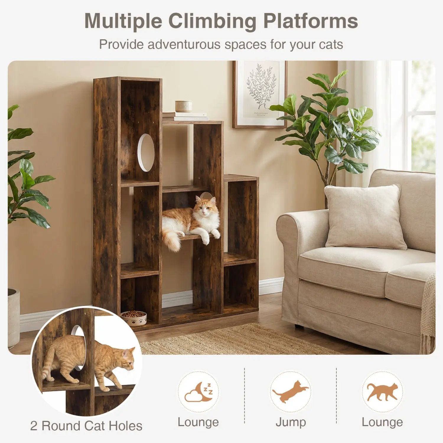 Modern Cat Bookshelf Cat Tree 8-Section Storage Cabinet with 2 Round Holes by DirectDeals