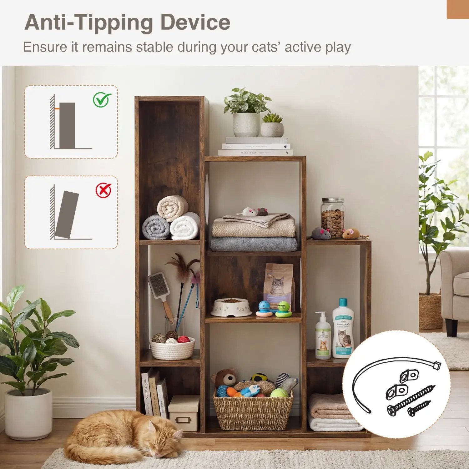 Modern Cat Bookshelf Cat Tree 8-Section Storage Cabinet with 2 Round Holes by DirectDeals