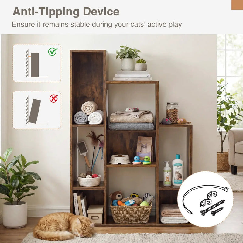 Modern Cat Bookshelf Cat Tree 8-Section Storage Cabinet with 2 Round Holes by DirectDeals