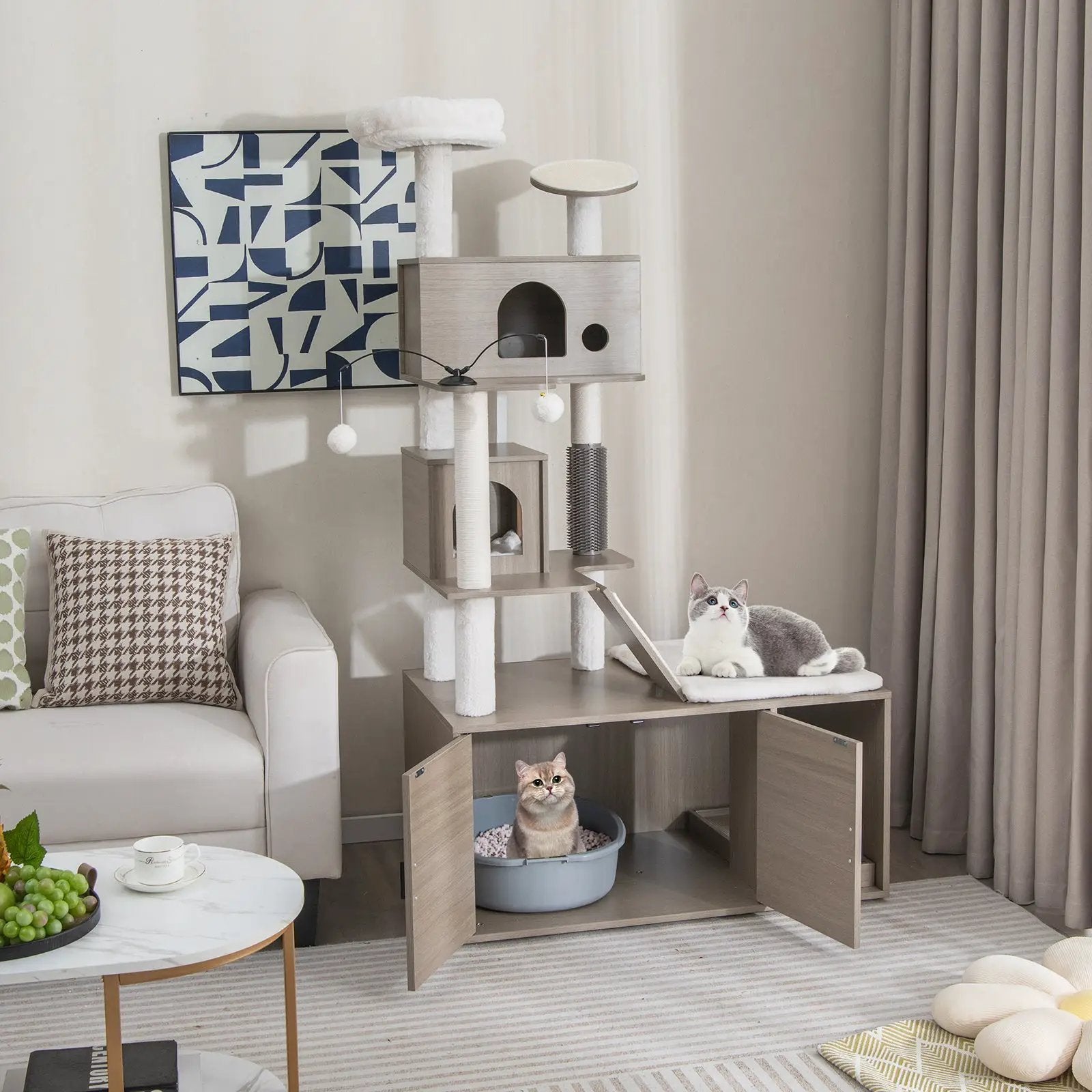Cat Tree with Litter Box Enclosure for Indoor Cars-Gray by DirectDeals