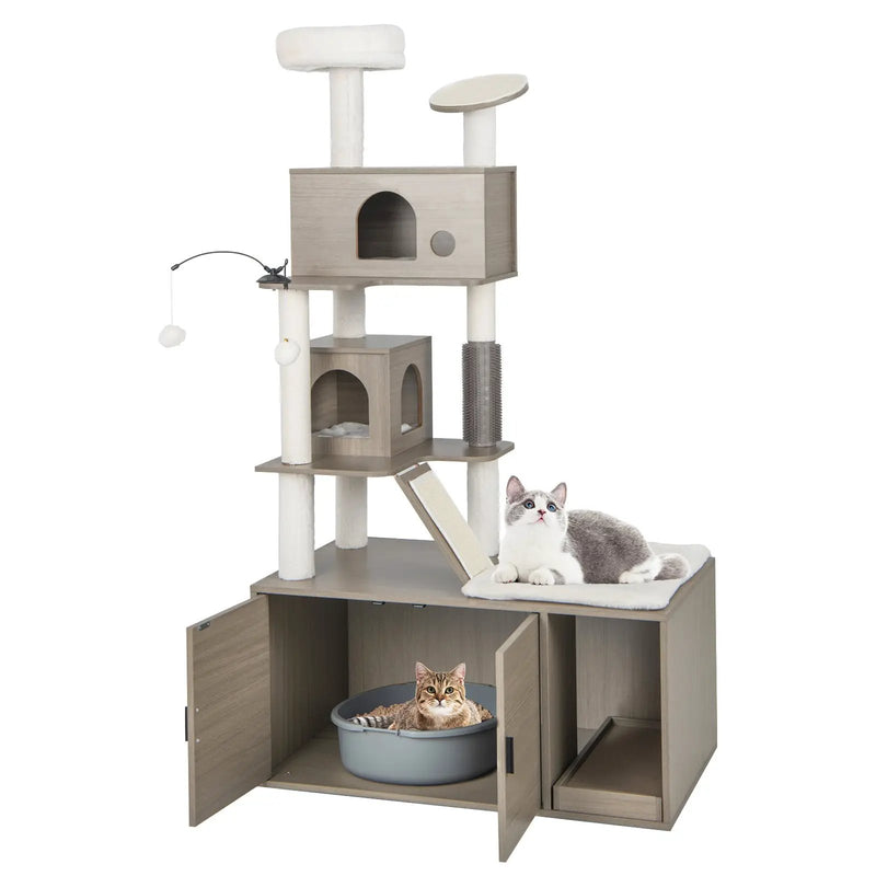 Cat Tree with Litter Box Enclosure for Indoor Cars-Gray by DirectDeals