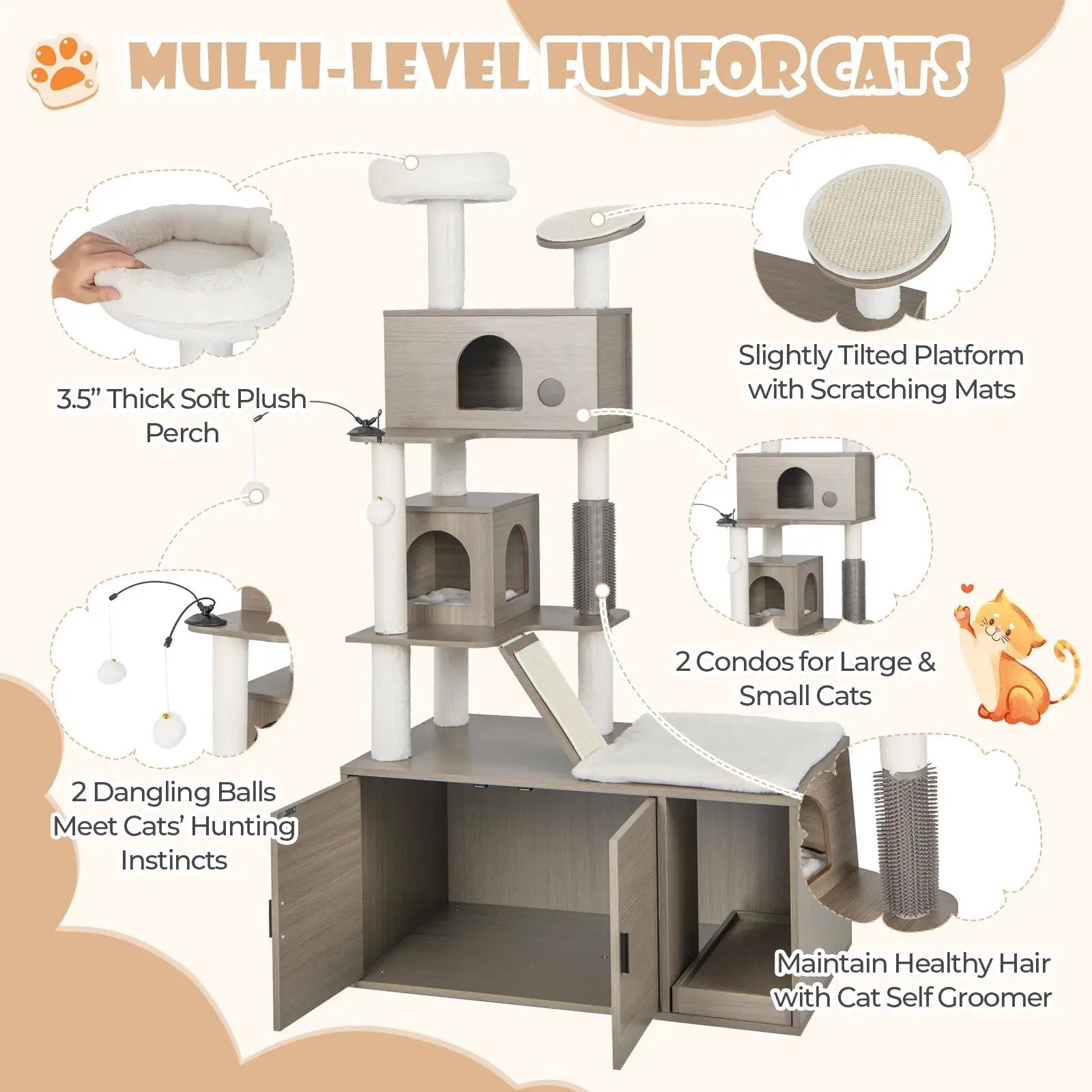 Cat Tree with Litter Box Enclosure for Indoor Cars-Gray by DirectDeals