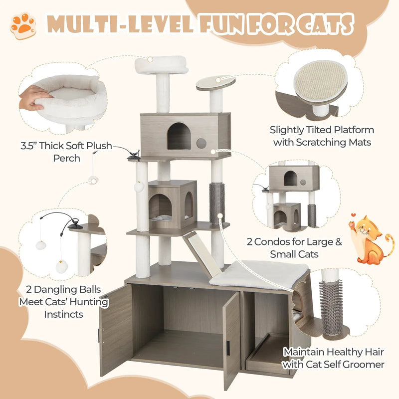 Cat Tree with Litter Box Enclosure for Indoor Cars-Gray by DirectDeals