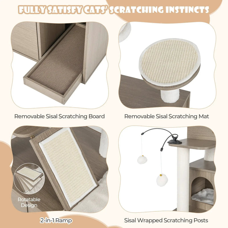 Cat Tree with Litter Box Enclosure for Indoor Cars-Gray by DirectDeals