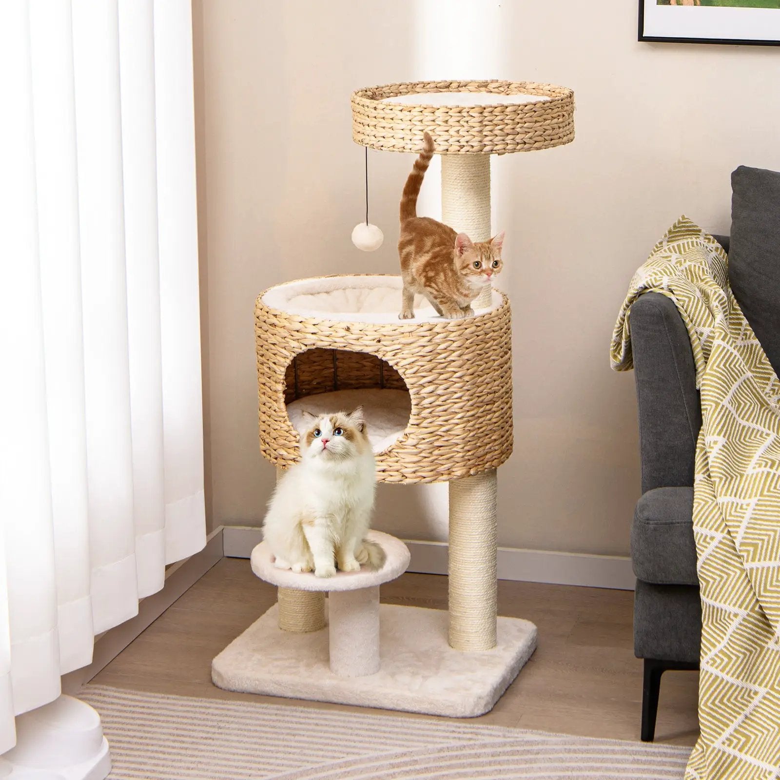 Modern Cat Tower Cat Tree with Top Perch Cattail Fluff Condo-Natural by DirectDeals