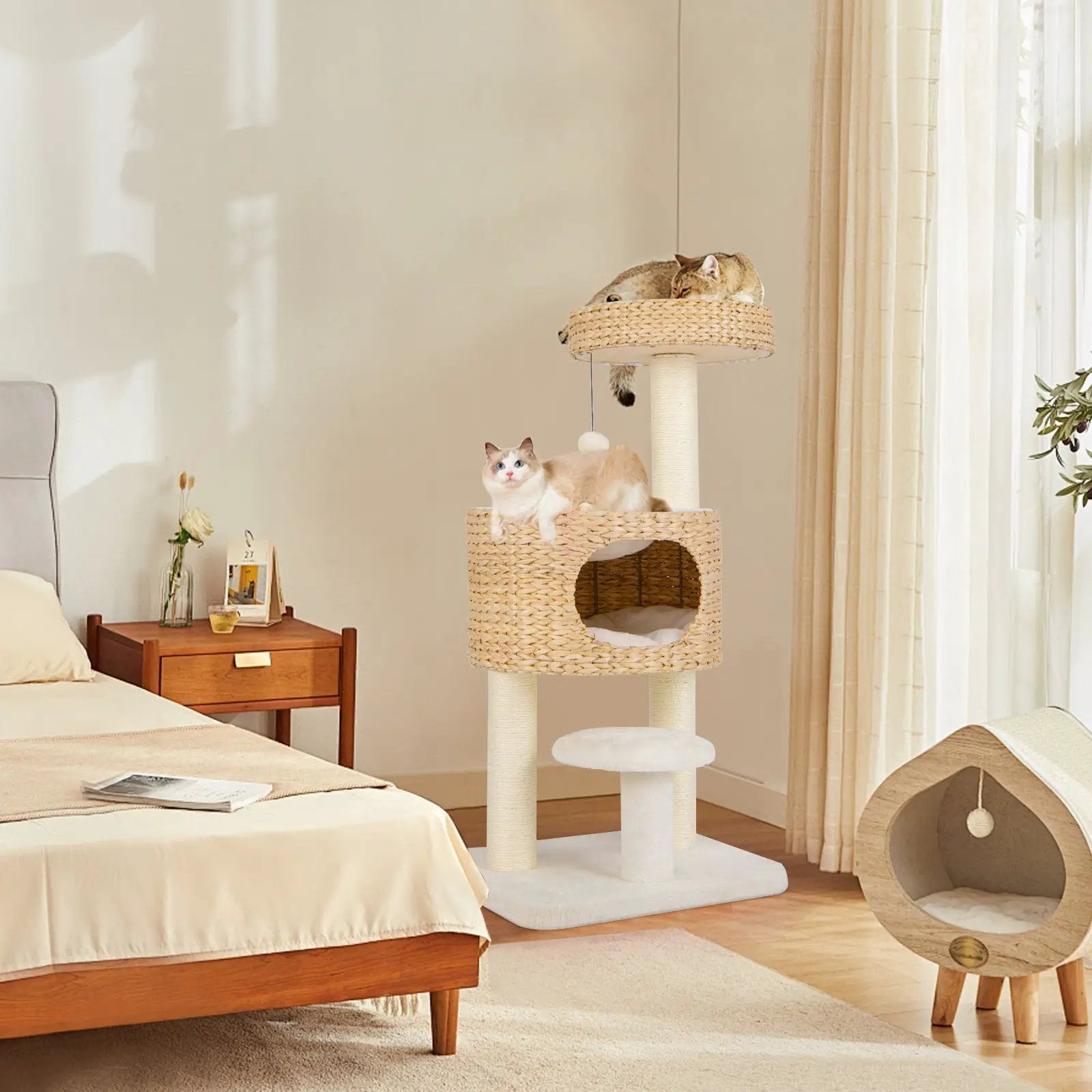 Modern Cat Tower Cat Tree with Top Perch Cattail Fluff Condo-Natural by DirectDeals