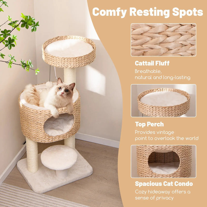 Modern Cat Tower Cat Tree with Top Perch Cattail Fluff Condo-Natural by DirectDeals