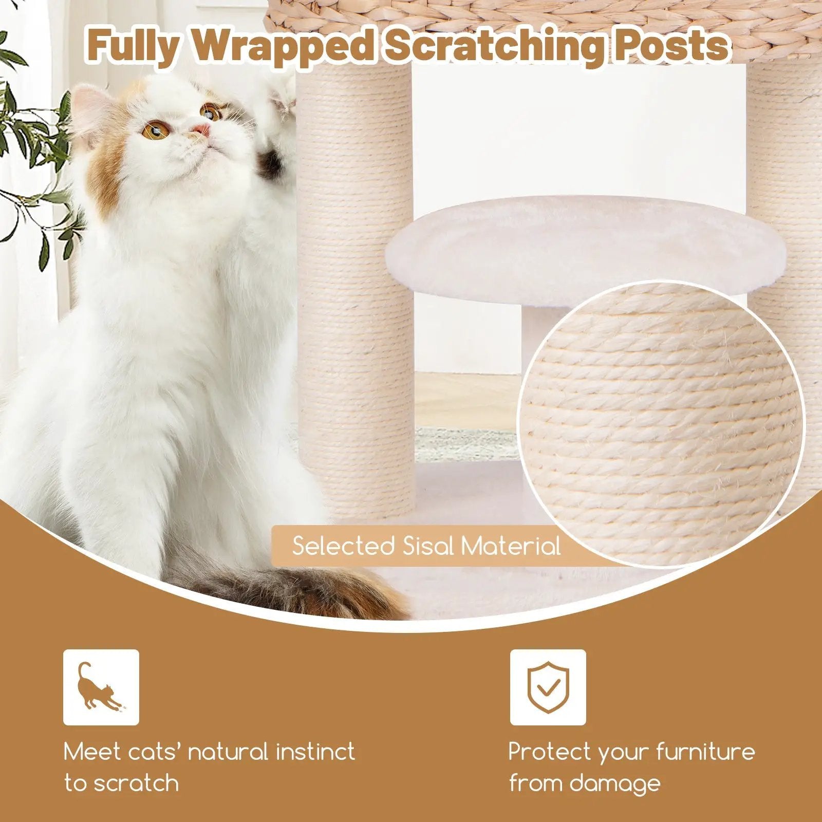 Modern Cat Tower Cat Tree with Top Perch Cattail Fluff Condo-Natural by DirectDeals