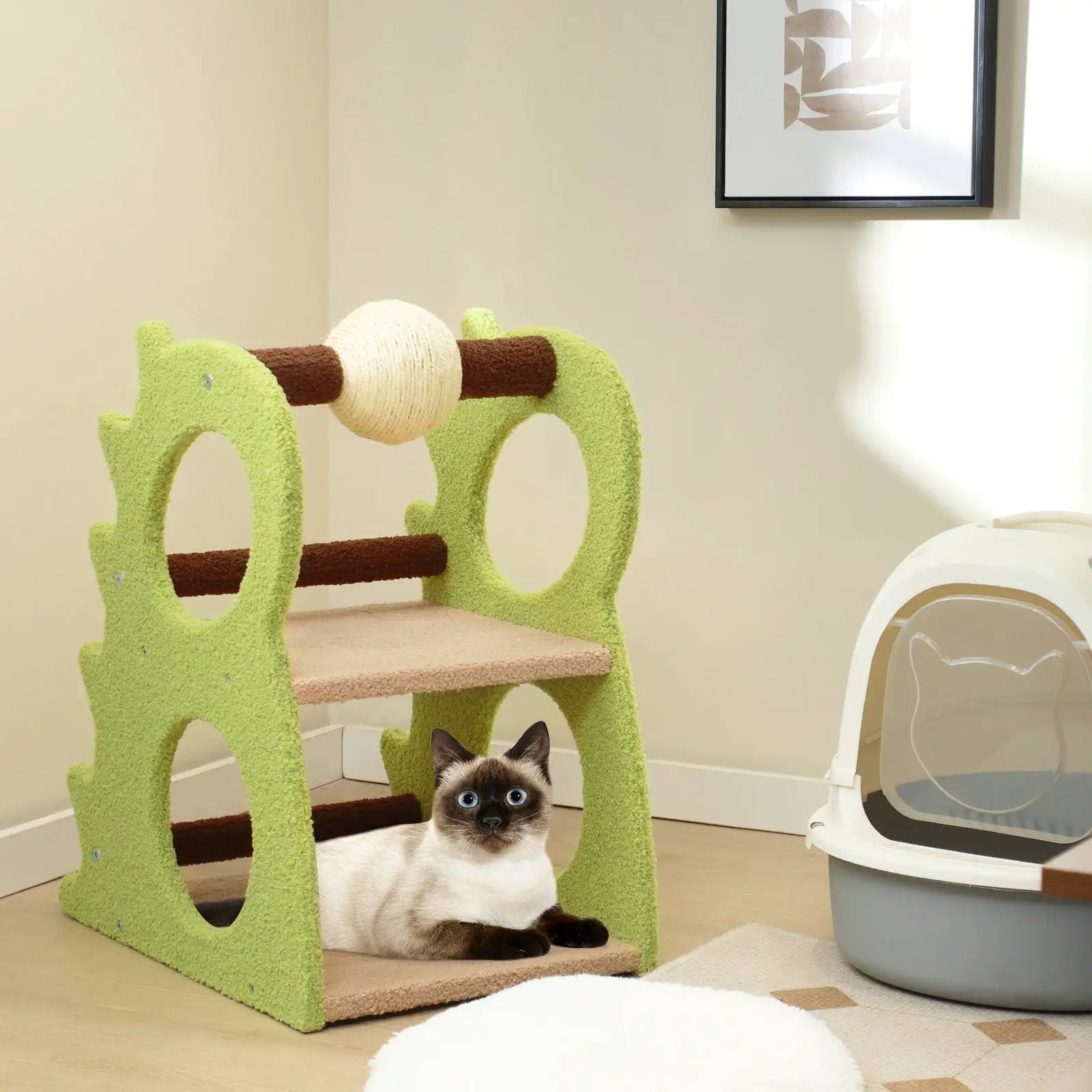 2-Tier Modern Cat Tree for Indoor Cats with Rotatable Sisal Scratching Ball-Green by DirectDeals