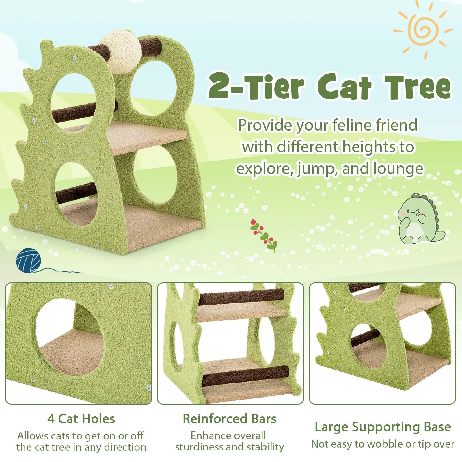 2-Tier Modern Cat Tree for Indoor Cats with Rotatable Sisal Scratching Ball-Green by DirectDeals