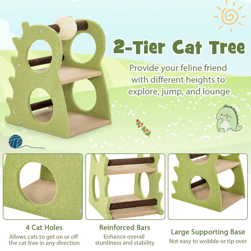 2-Tier Modern Cat Tree for Indoor Cats with Rotatable Sisal Scratching Ball-Green by DirectDeals