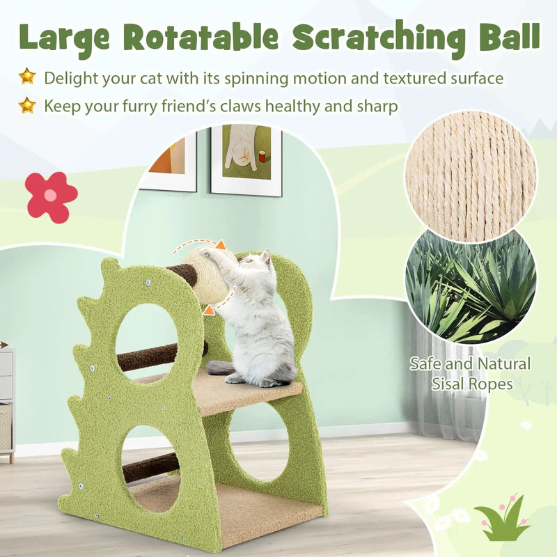 2-Tier Modern Cat Tree for Indoor Cats with Rotatable Sisal Scratching Ball-Green by DirectDeals
