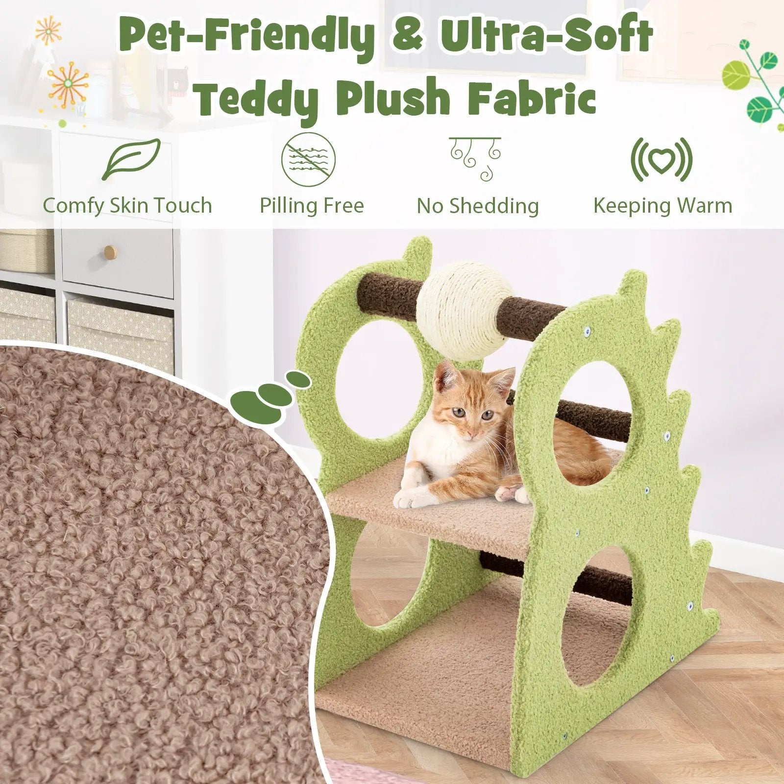 2-Tier Modern Cat Tree for Indoor Cats with Rotatable Sisal Scratching Ball-Green by DirectDeals