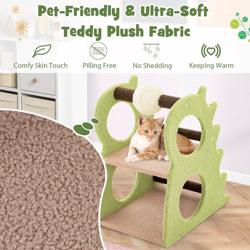 2-Tier Modern Cat Tree for Indoor Cats with Rotatable Sisal Scratching Ball-Green by DirectDeals