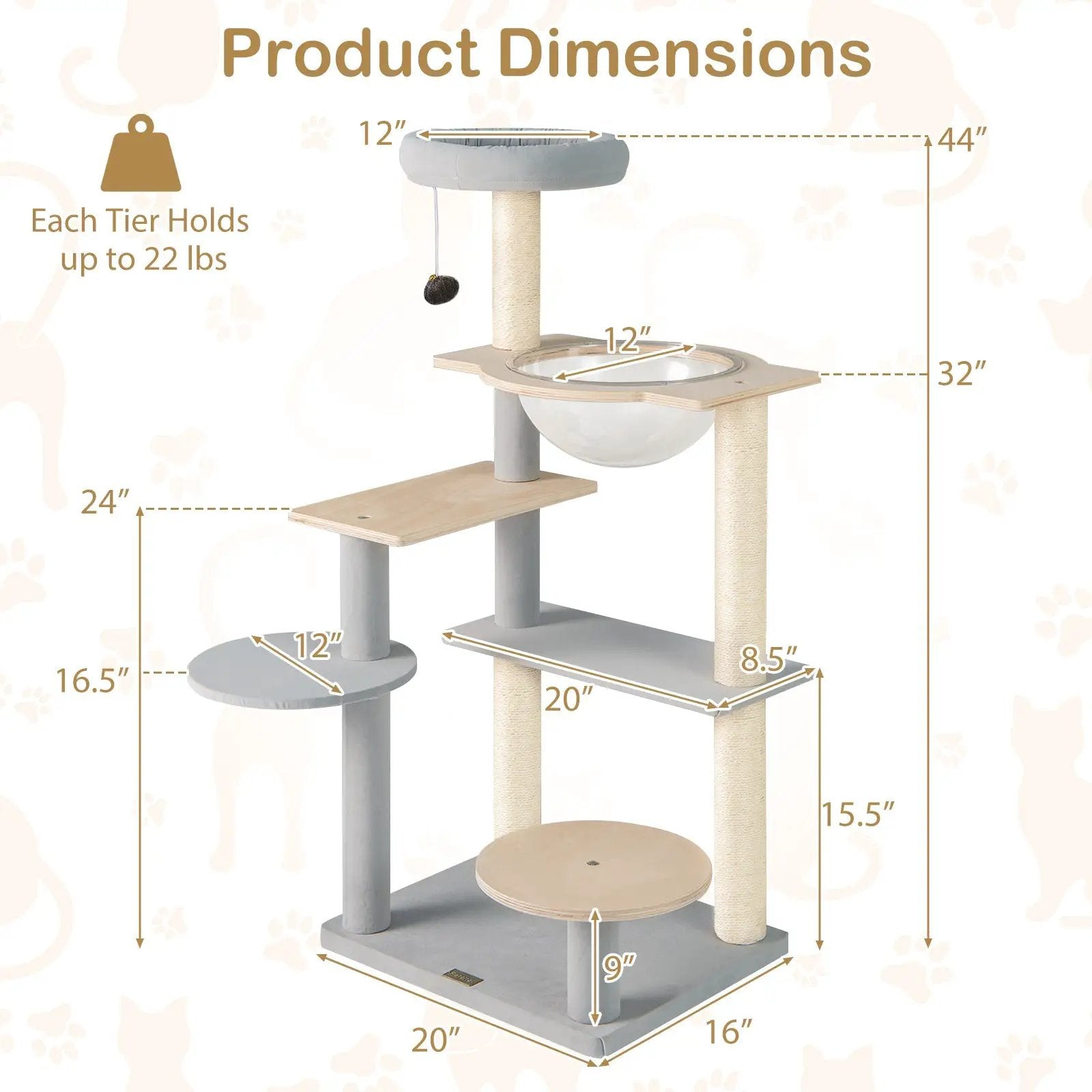 Modern Cat Tree 44 Inch Multi-level Cat Tower with Removable Padded Top Perch-Natural by DirectDeals