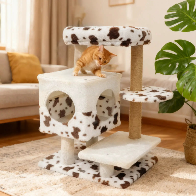 Modern Cat Tree Indoor Cat Tower with Wide Upholstered Perch and 2-Entrance Cat Condo-White by DirectDeals