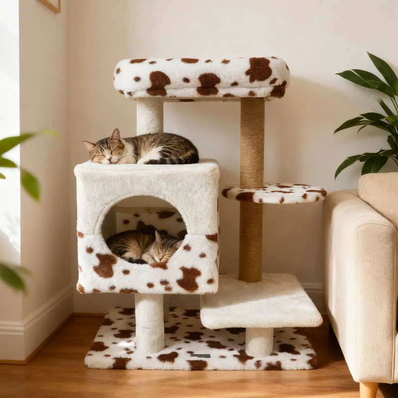 Modern Cat Tree Indoor Cat Tower with Wide Upholstered Perch and 2-Entrance Cat Condo-White by DirectDeals