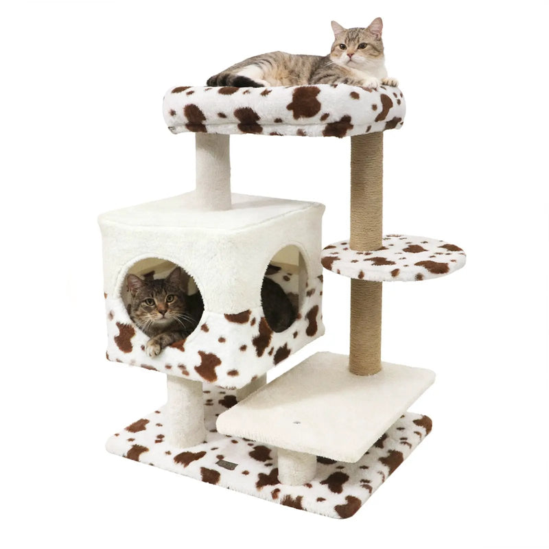 Modern Cat Tree Indoor Cat Tower with Wide Upholstered Perch and 2-Entrance Cat Condo-White by DirectDeals
