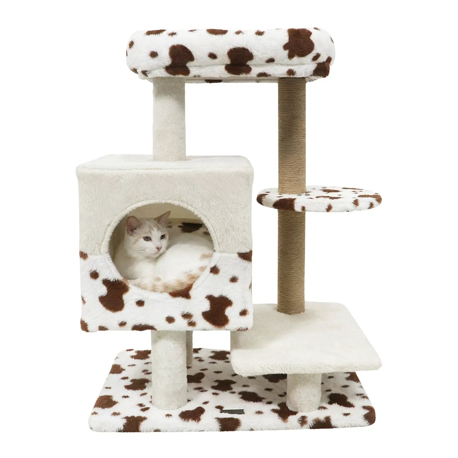 Modern Cat Tree Indoor Cat Tower with Wide Upholstered Perch and 2-Entrance Cat Condo-White by DirectDeals