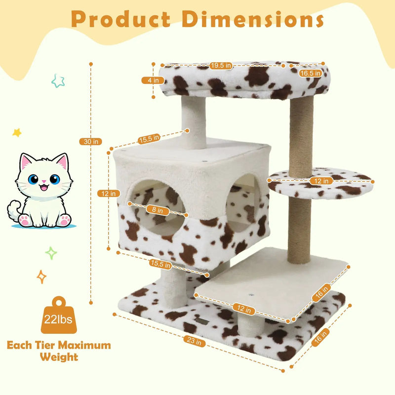Modern Cat Tree Indoor Cat Tower with Wide Upholstered Perch and 2-Entrance Cat Condo-White by DirectDeals