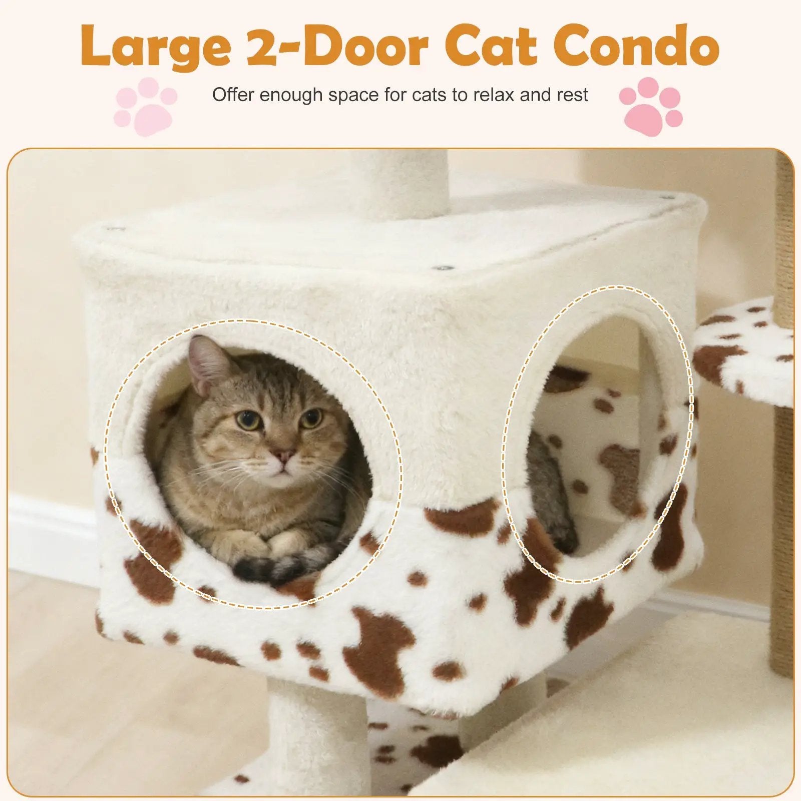 Modern Cat Tree Indoor Cat Tower with Wide Upholstered Perch and 2-Entrance Cat Condo-White by DirectDeals