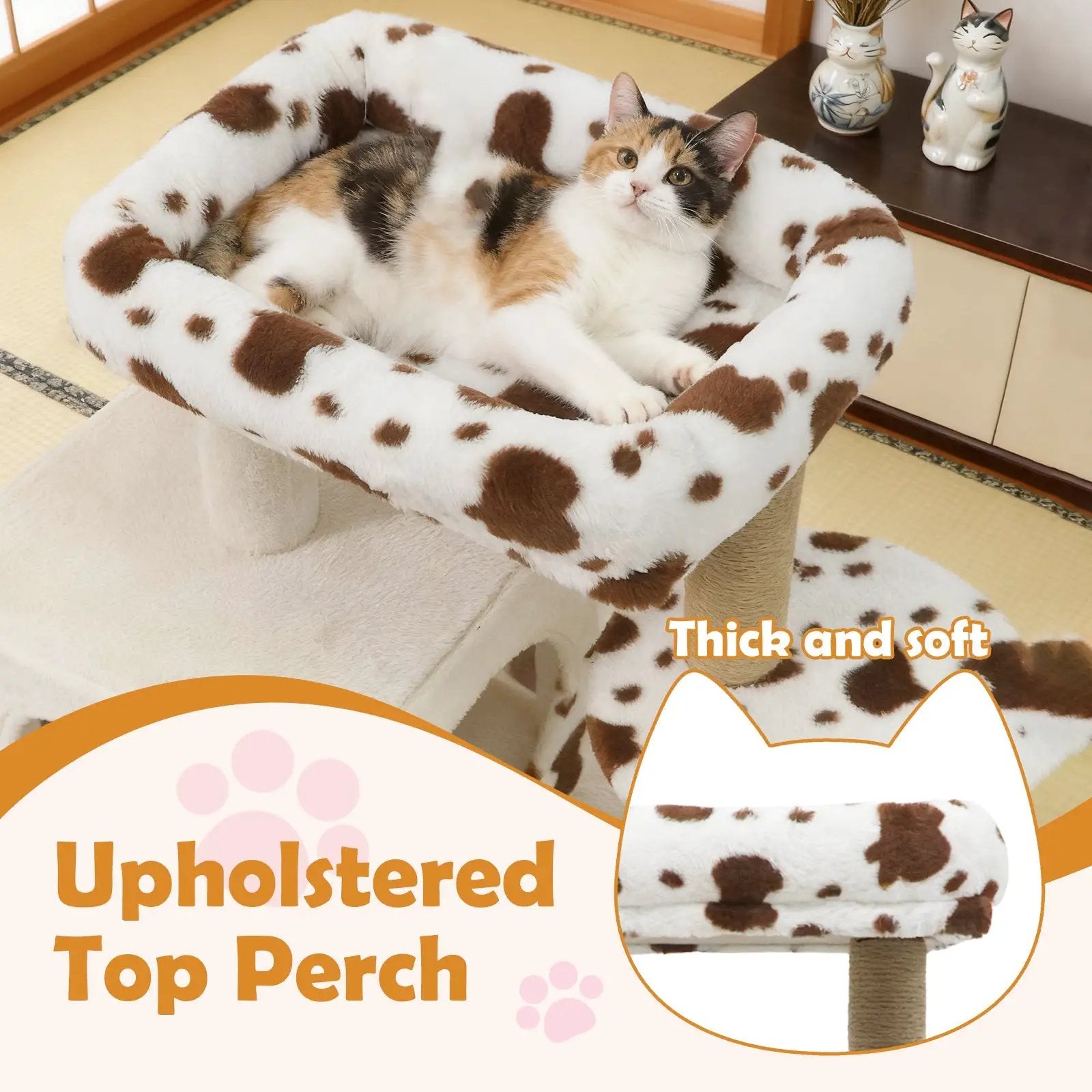 Modern Cat Tree Indoor Cat Tower with Wide Upholstered Perch and 2-Entrance Cat Condo-White by DirectDeals