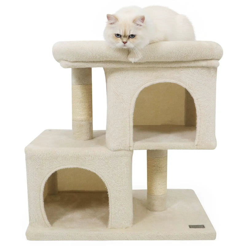 Modern Cat Tree Space-saving Cat Tower with Upholstered Perch and 2 Cat Condos by DirectDeals