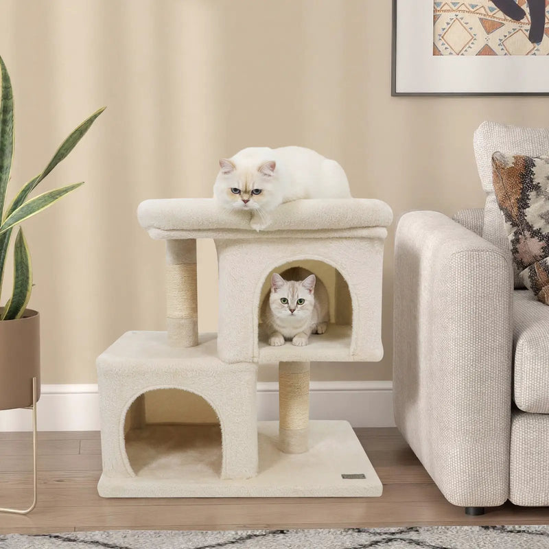 Modern Cat Tree Space-saving Cat Tower with Upholstered Perch and 2 Cat Condos by DirectDeals