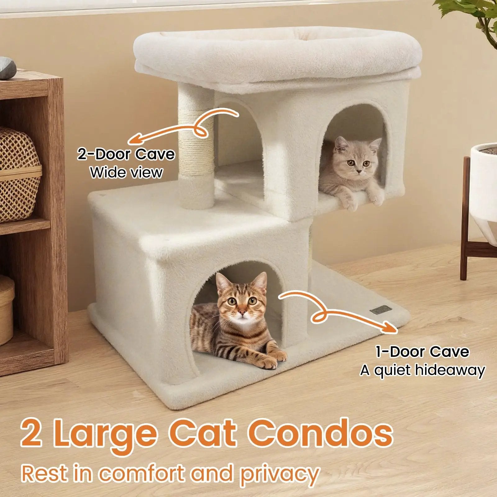 Modern Cat Tree Space-saving Cat Tower with Upholstered Perch and 2 Cat Condos by DirectDeals