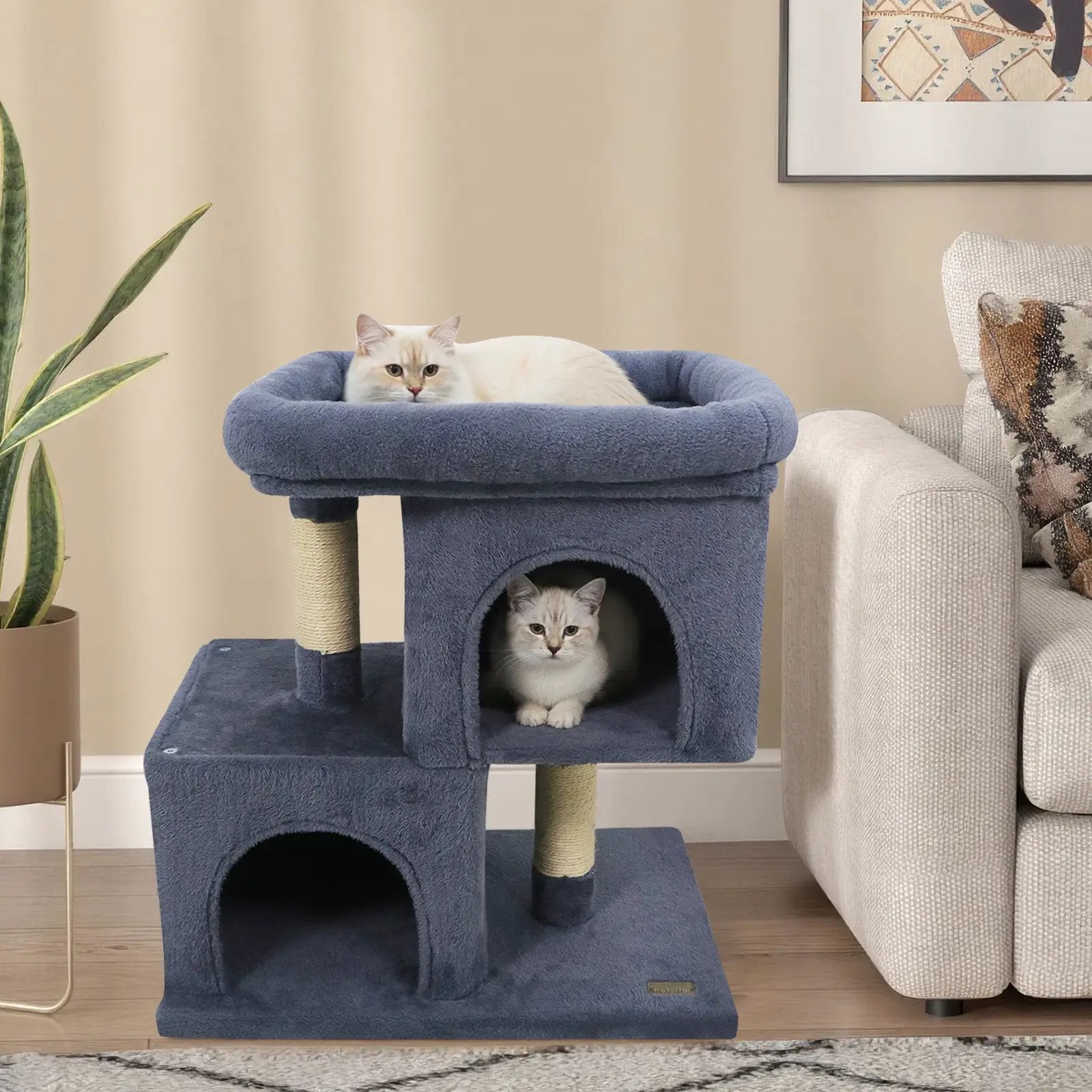 Modern Cat Tree Space-saving Cat Tower with Upholstered Perch and 2 Cat Condos by DirectDeals