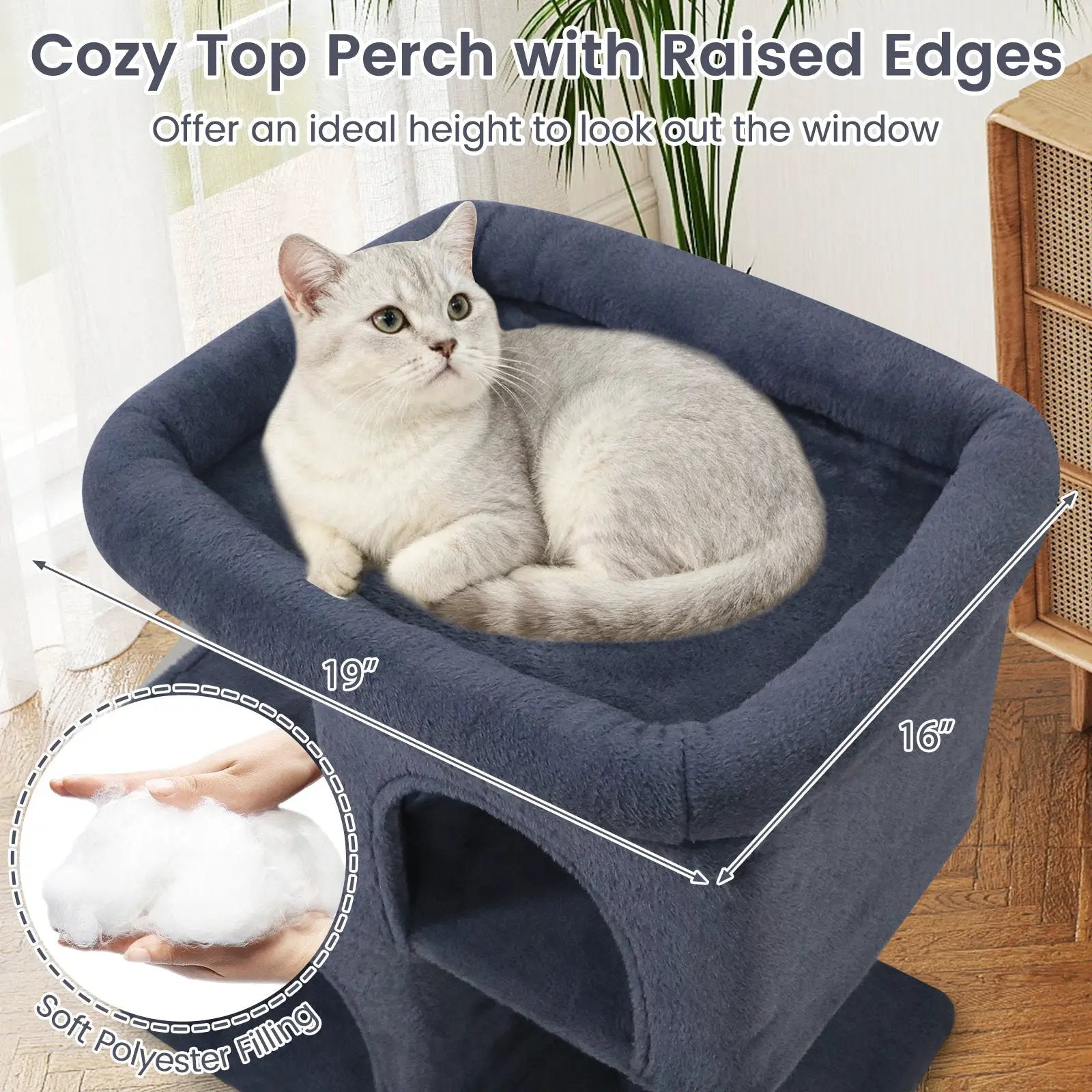 Modern Cat Tree Space-saving Cat Tower with Upholstered Perch and 2 Cat Condos by DirectDeals