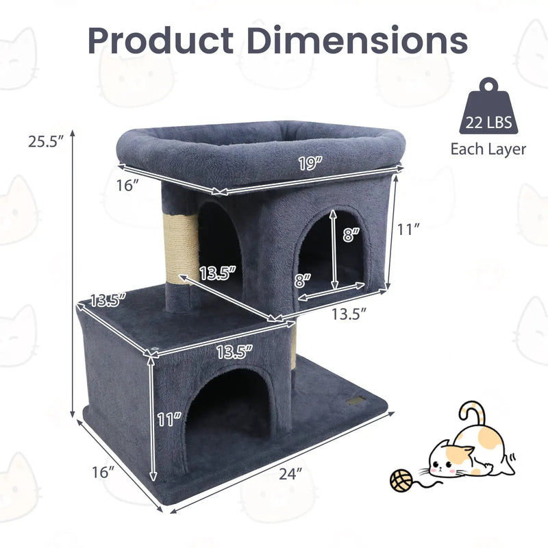 Modern Cat Tree Space-saving Cat Tower with Upholstered Perch and 2 Cat Condos by DirectDeals