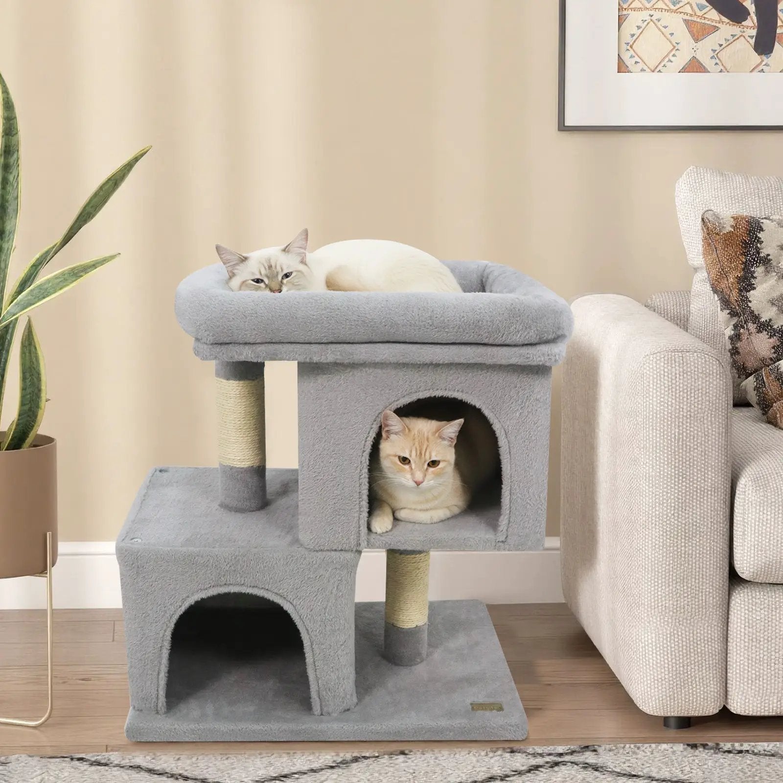 Modern Cat Tree Space-saving Cat Tower with Upholstered Perch and 2 Cat Condos by DirectDeals