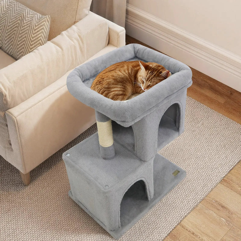 Modern Cat Tree Space-saving Cat Tower with Upholstered Perch and 2 Cat Condos by DirectDeals