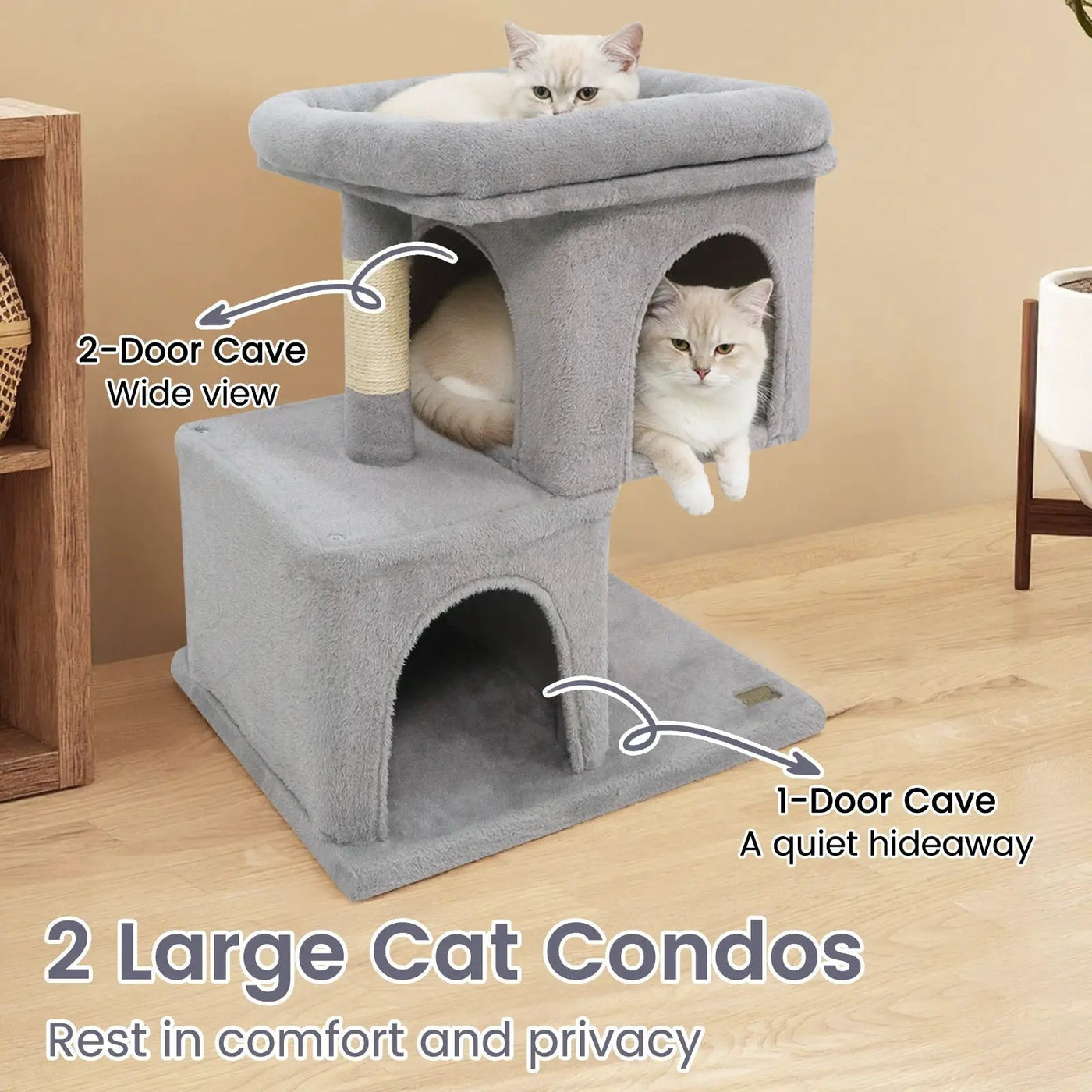 Modern Cat Tree Space-saving Cat Tower with Upholstered Perch and 2 Cat Condos by DirectDeals