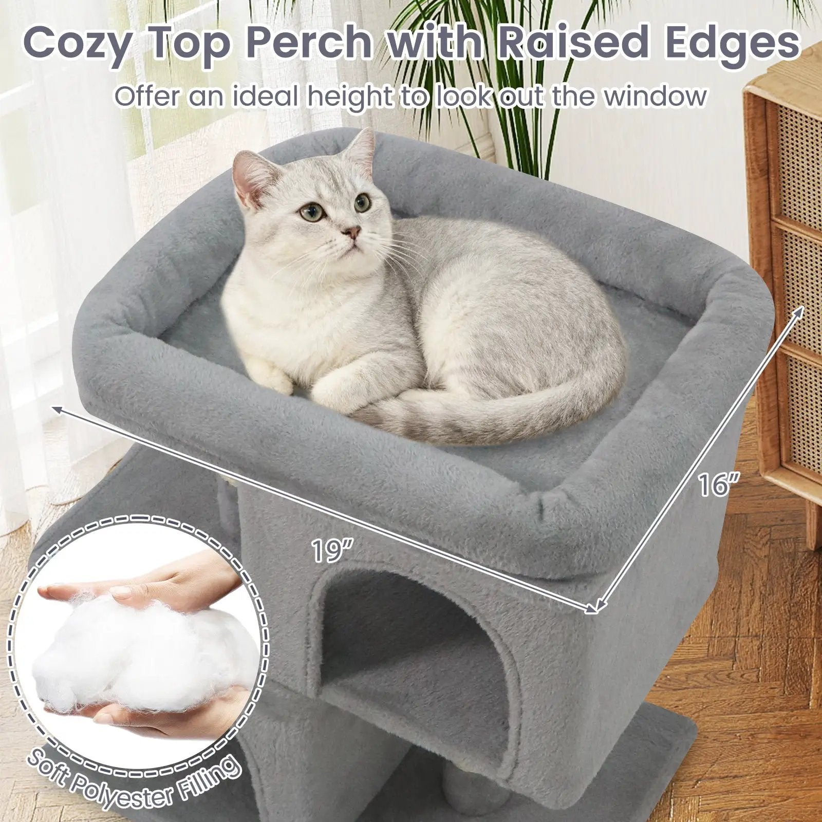 Modern Cat Tree Space-saving Cat Tower with Upholstered Perch and 2 Cat Condos by DirectDeals