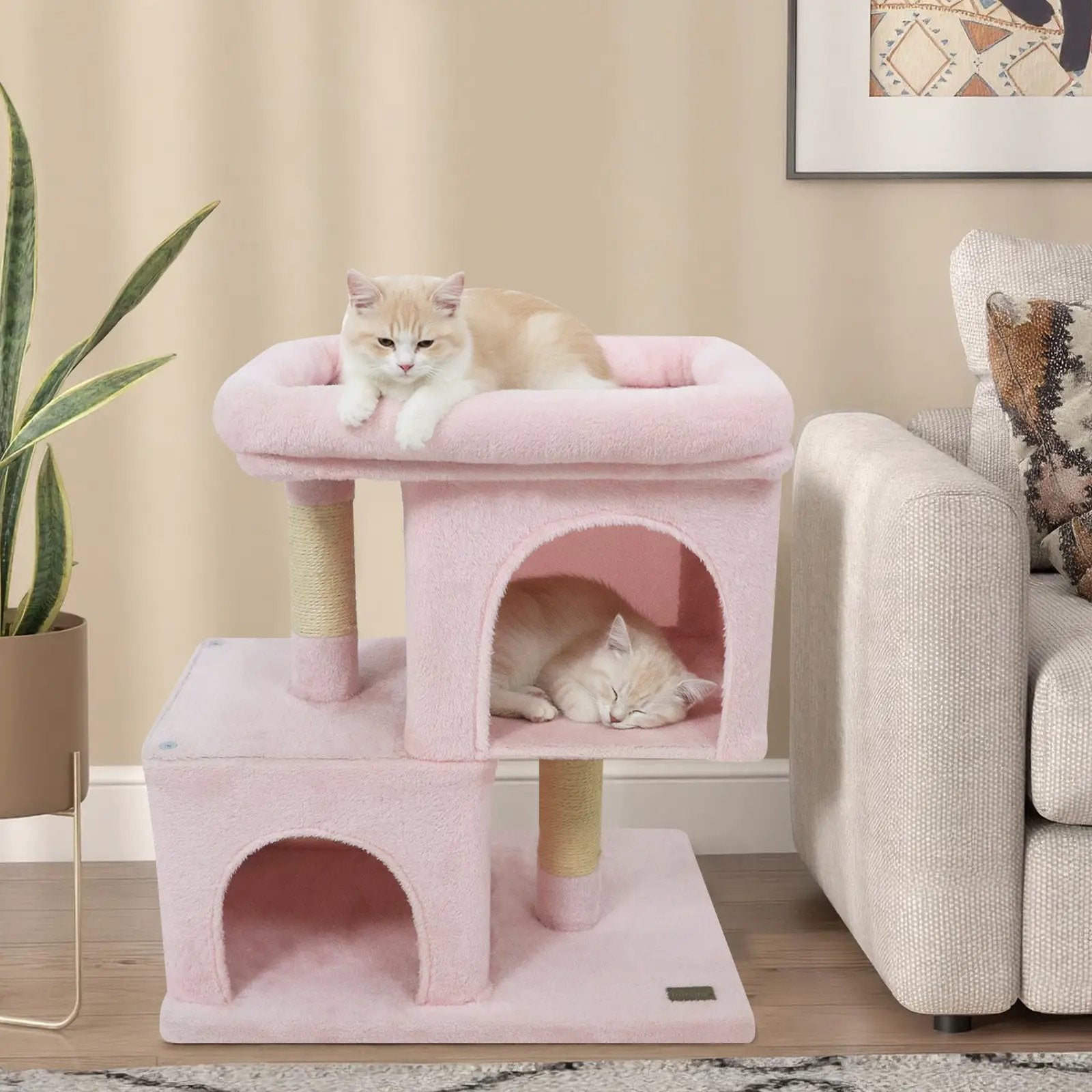 Modern Cat Tree Space-saving Cat Tower with Upholstered Perch and 2 Cat Condos by DirectDeals