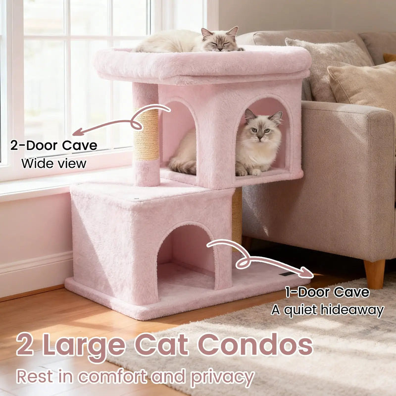 Modern Cat Tree Space-saving Cat Tower with Upholstered Perch and 2 Cat Condos by DirectDeals