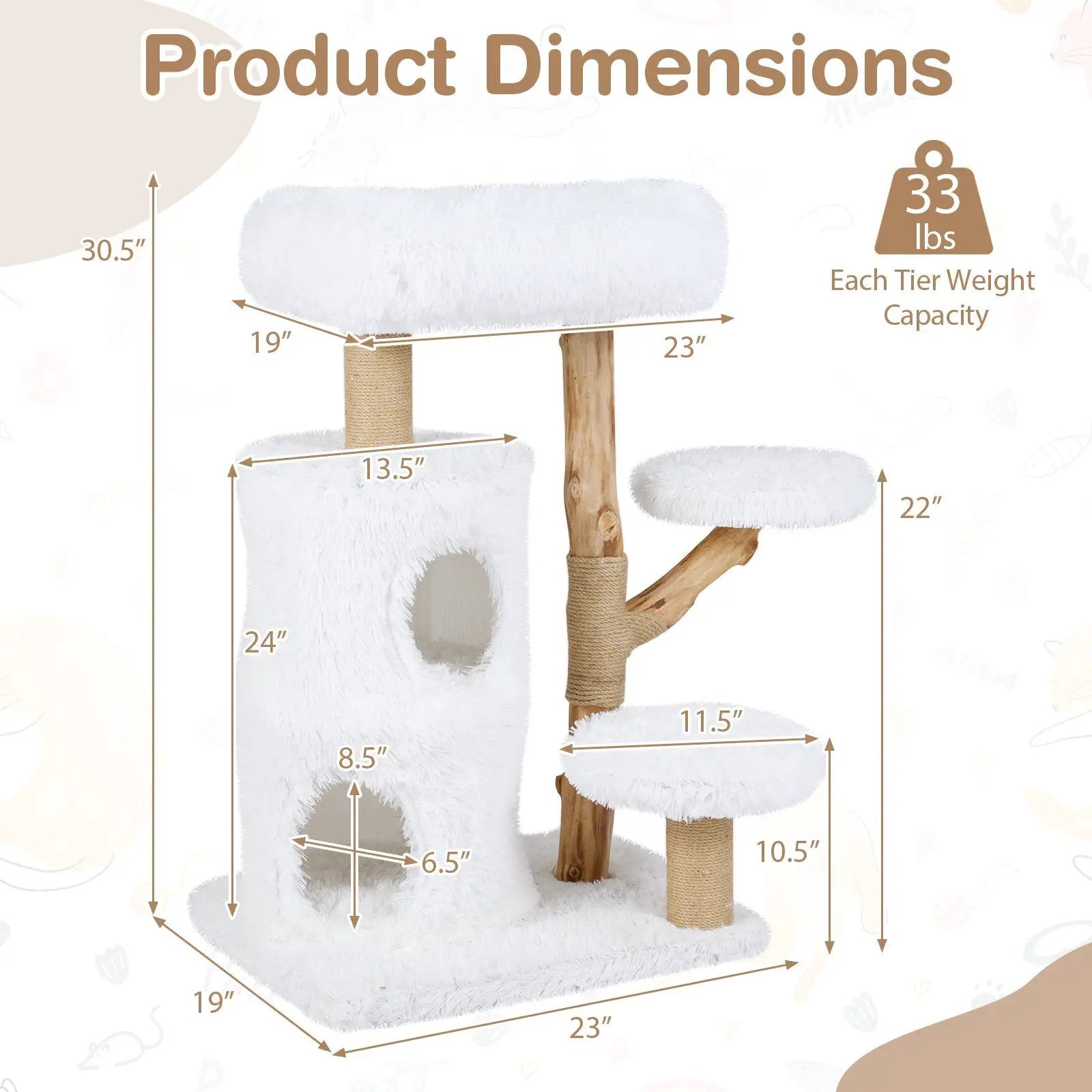 Modern Cat Tree for Indoor Cats 30.5 Cat Tower with Real Solid Wood Branches-White by DirectDeals