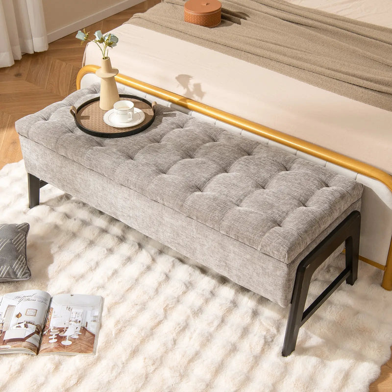 Modern Chenille Storage Bench with Solid Rubber Wood Legs-Gray by DirectDeals