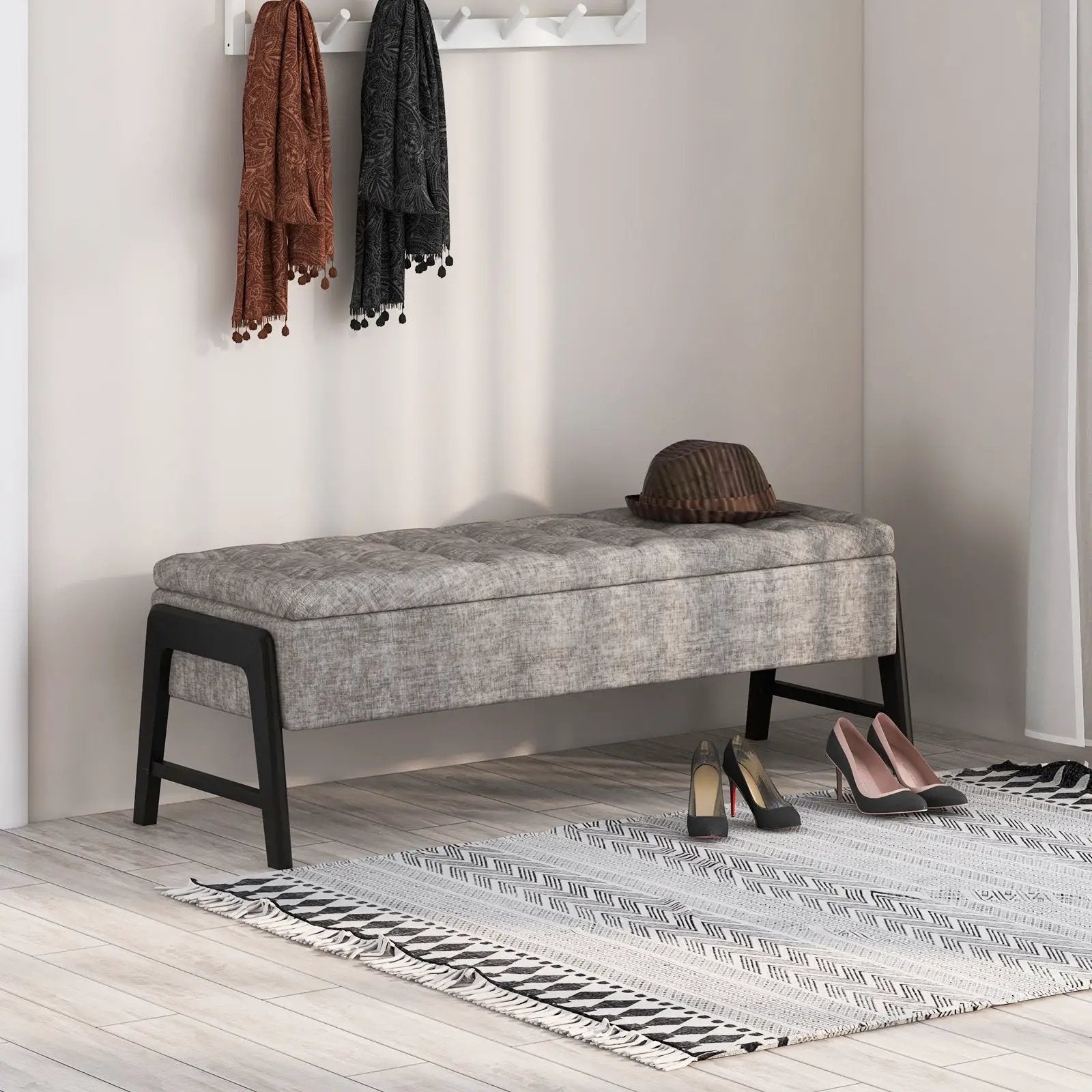 Modern Chenille Storage Bench with Solid Rubber Wood Legs-Gray by DirectDeals