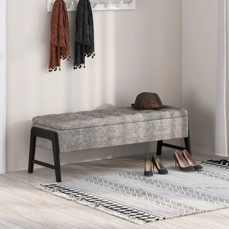 Modern Chenille Storage Bench with Solid Rubber Wood Legs-Gray by DirectDeals