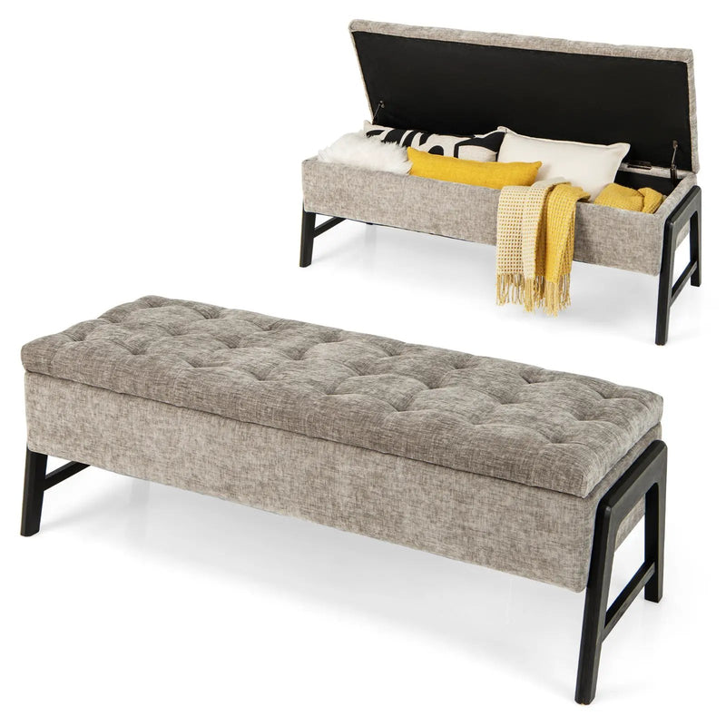 Modern Chenille Storage Bench with Solid Rubber Wood Legs-Gray by DirectDeals