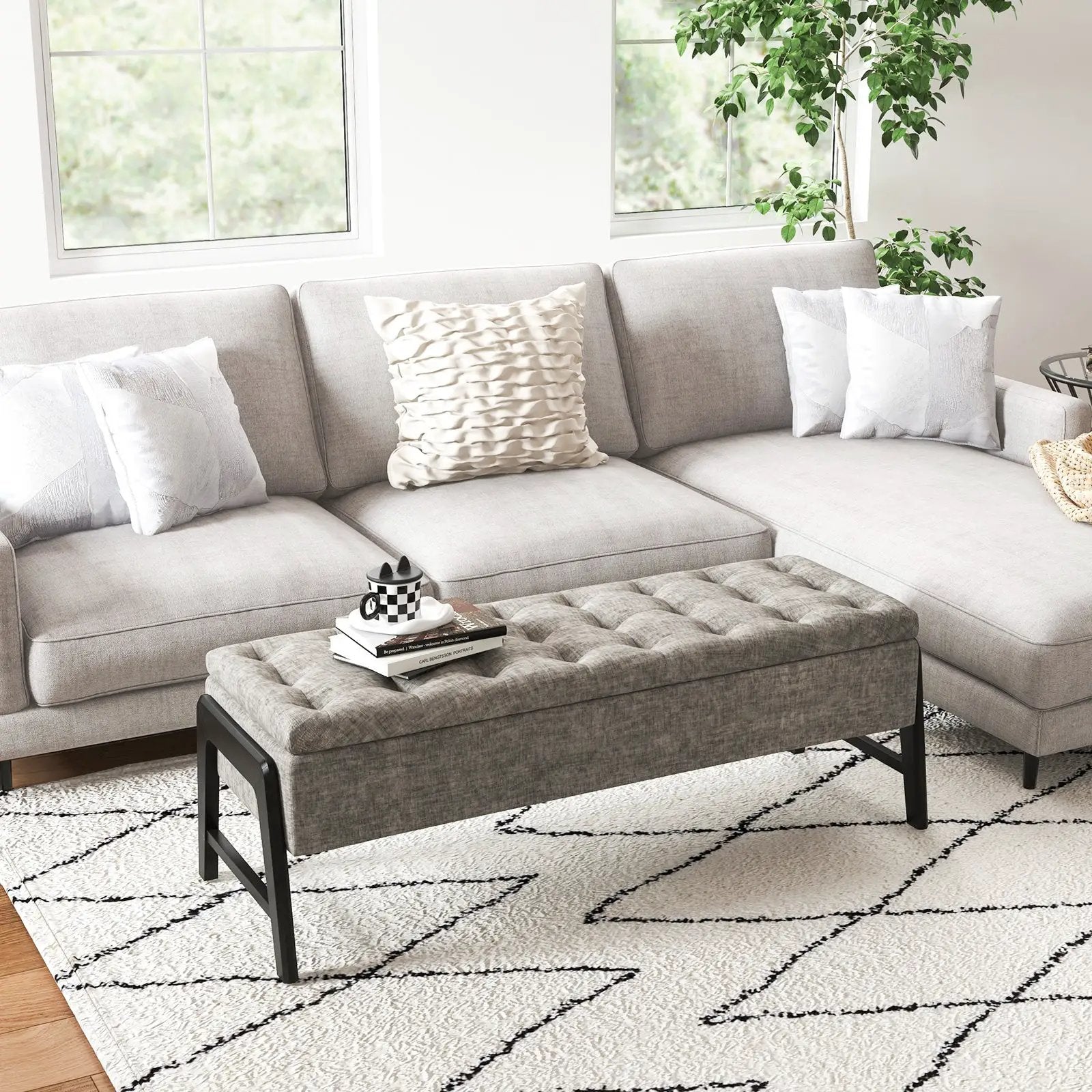 Modern Chenille Storage Bench with Solid Rubber Wood Legs-Gray by DirectDeals