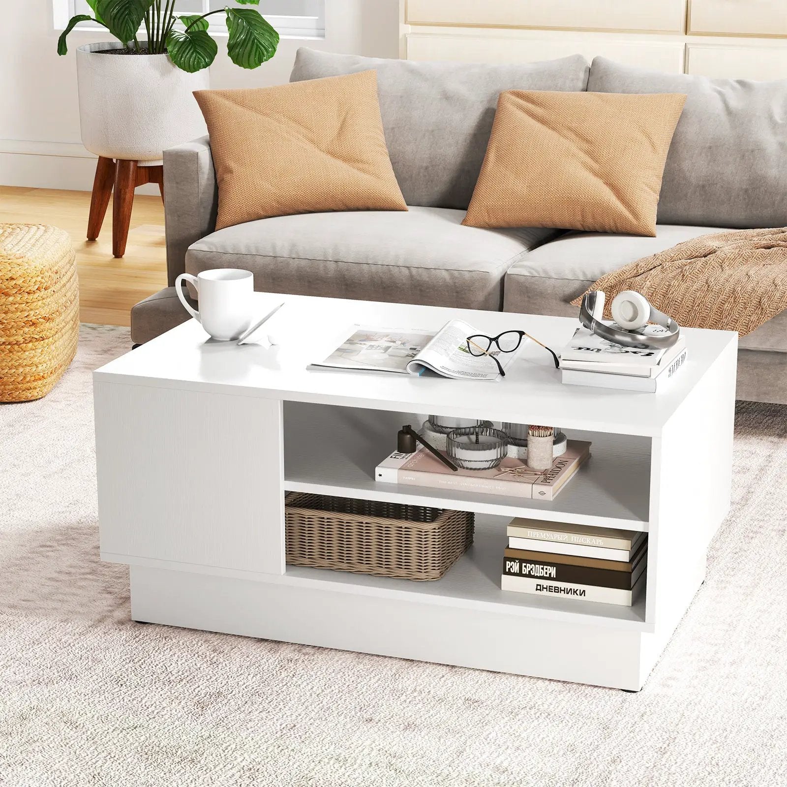 Modern Coffee Table with 2-Tier Open Storage Shelves-White by DirectDeals